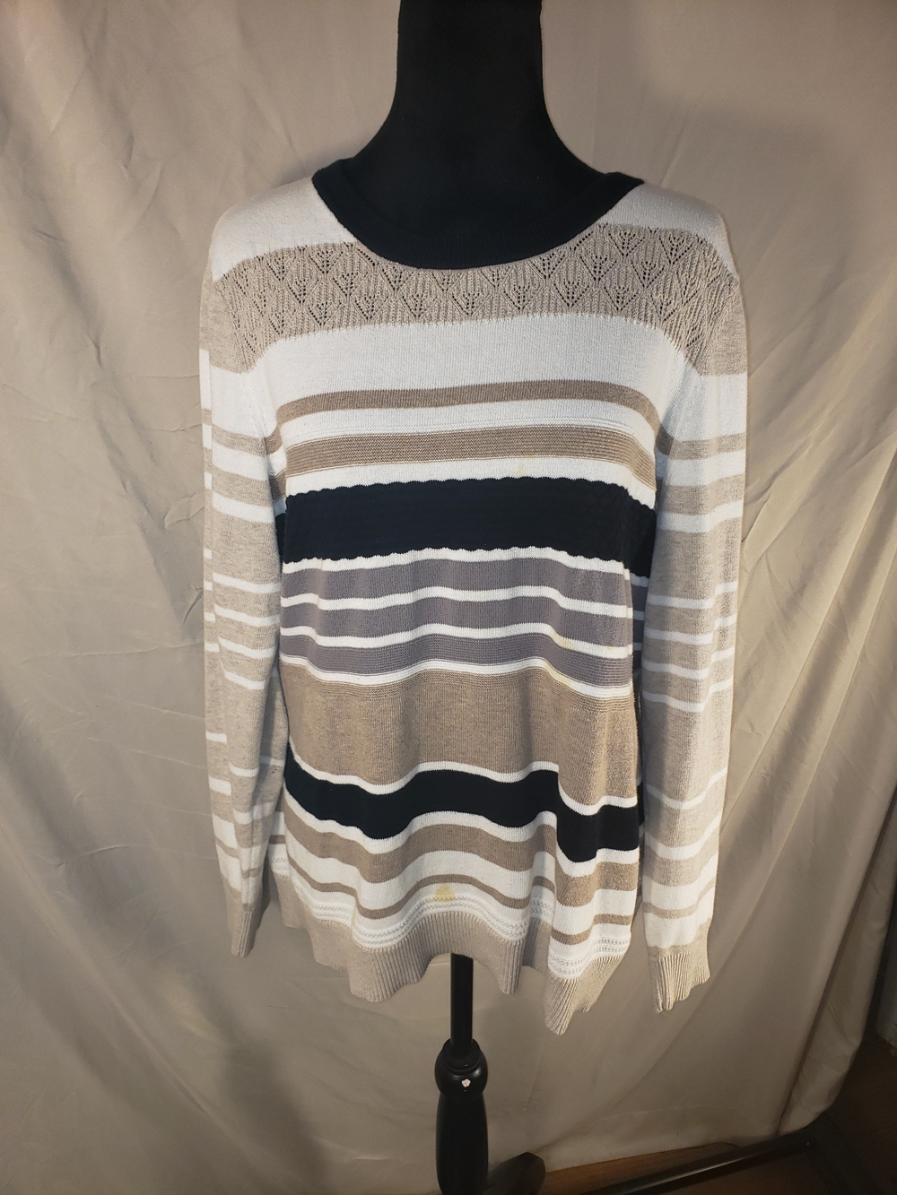 croft & barrow Beige, Black & White Striped Crewneck Sweater